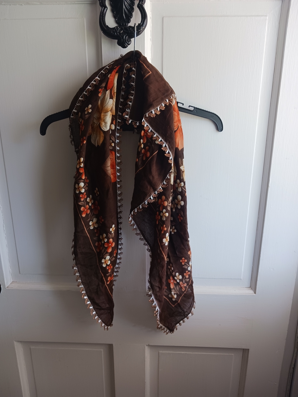 Turkish Oya Style Scarf Vintage Hijab Headscarf Bandana Brown Floral Design